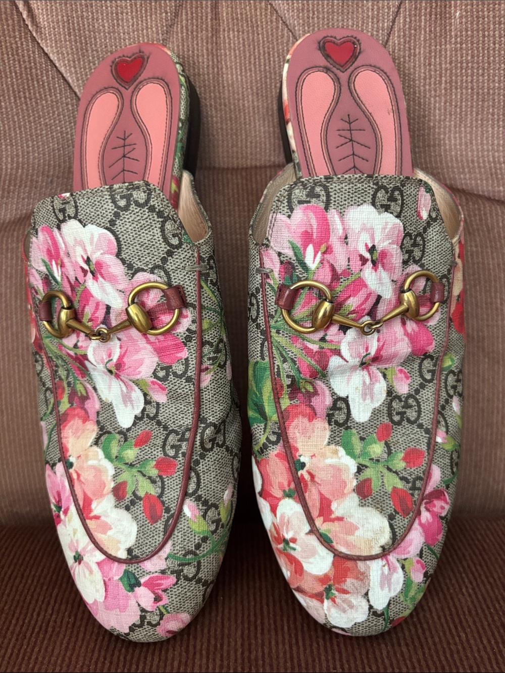 Gucci Blooms Horsebit Princetown Mules GG Floral Canvas Leather Slip On Pink Tan - Picture 4 of 17